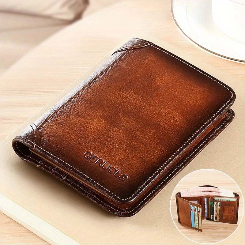 (image for) Ekphero Men's Wallet Genuine Leather RFID Blocking Short Wallet Vintage Thin Multi Function ID Credit Card Holder Flip-flop Male Money Purse